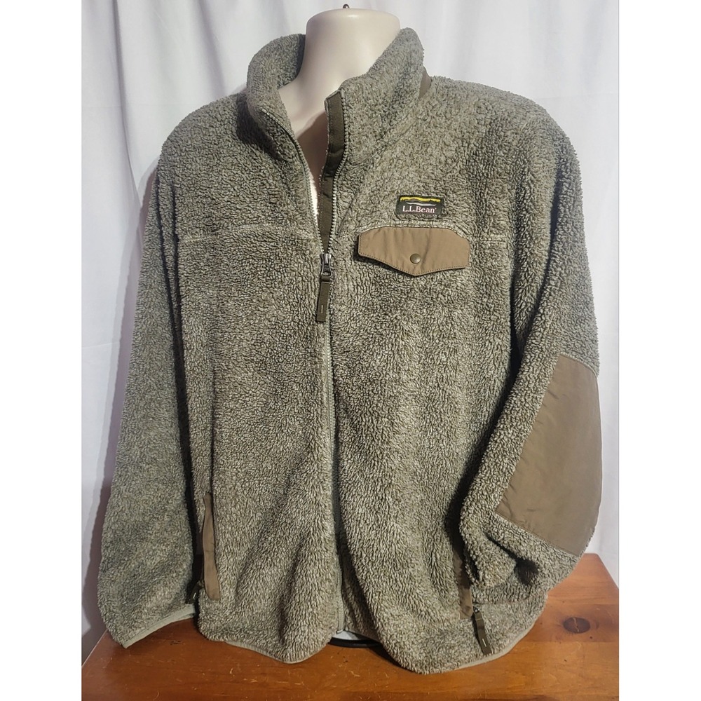 Mens L.L.Bean Hi-Pile Fleece Jacket Size XL Gray Sherpa Full Zip Elbow Patches